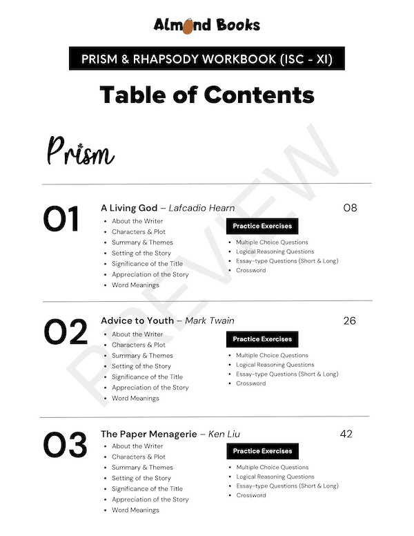 prism rhapsody isc icse class 11 workbook study guide evergreen morning star beeta almond free summary explanation