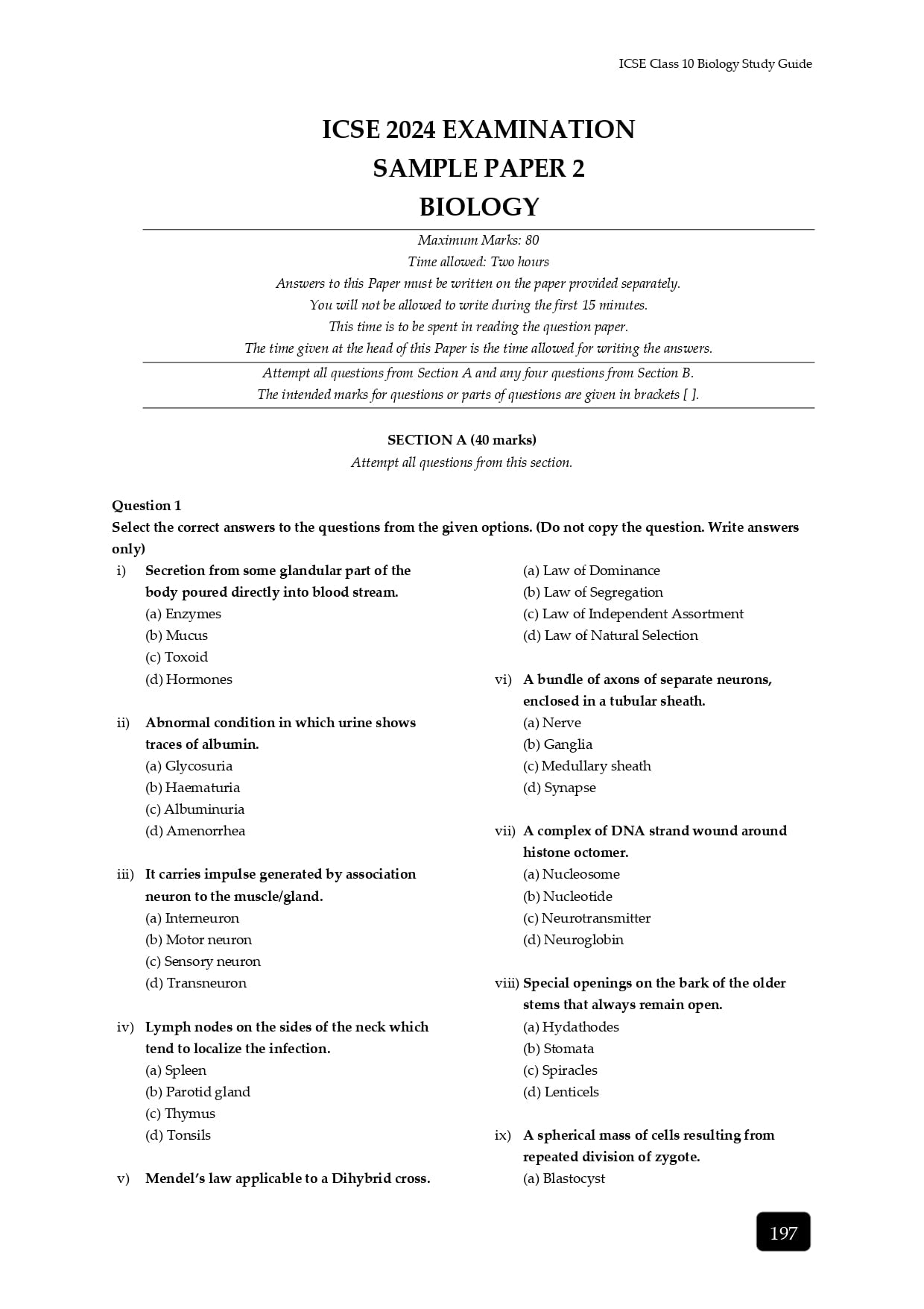 sample paper of latest icse biology study guide of almond books as per icse syllabus of 2024
